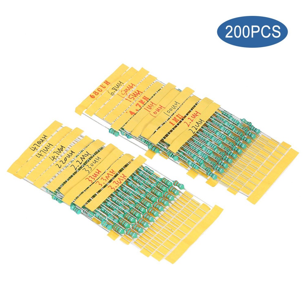200Pcs φ0510 DIP Chromatic Ring Inductor Assortment Kit Set Tolerance ±10% Power 1W 20 Inductance 1/10/100/2.2/22/220/3.3/33/330/4.7/47/470/6.8/680/15/150μH 1/2.2/3.3/4.7MH