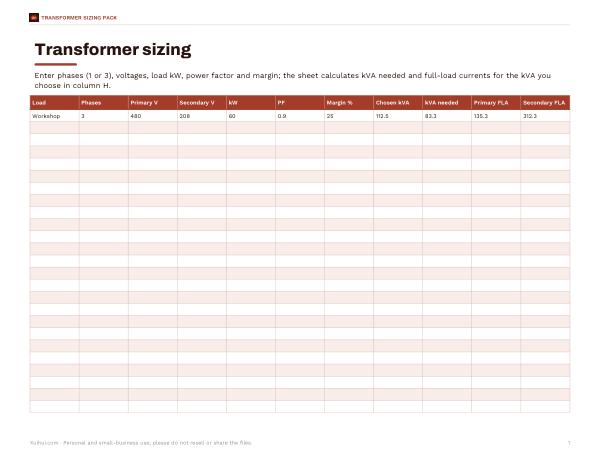 Preview of Printable Transformer Sizing Worksheet